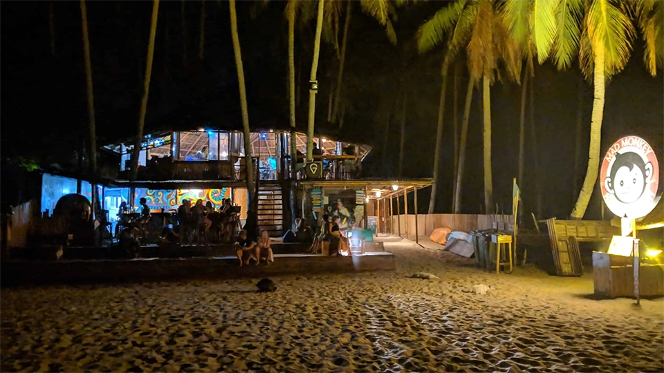 Noční scéna z pláže Nacpan Beach na Filipínách s barevně osvětleným plážovým barem Mad Monkey. Skupinky lidí sedí a relaxují pod kokosovými palmami, zatímco jemné písečné pobřeží vede k plážovému baru s tropickou atmosférou. Neonový nápis s logem opice září ve tmě a vytváří živý noční život na této oblíbené destinaci.